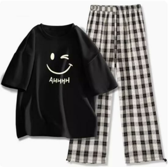 Hot selling short-sleeved T-shirt wide-leg pants suit [black (haha smiley face) + black and white pants] [S-2XL size] (please contact customer service to confirm the delivery size after placing the order)