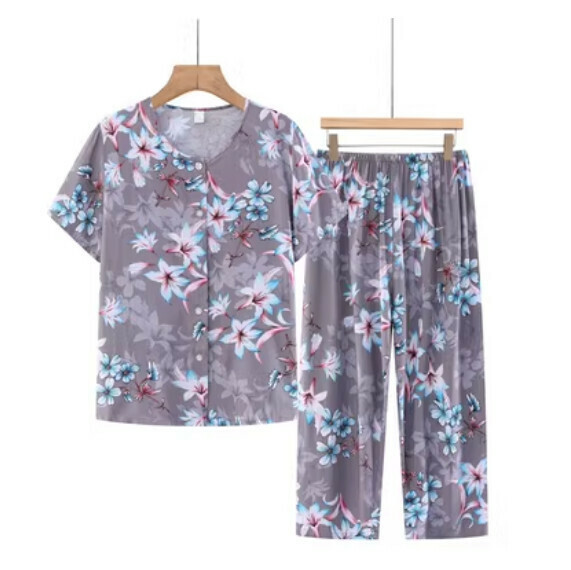 Summer middle-aged and elderly cotton cardigan set (light gray flowers) [Size: XL-5XL] [Contact customer service to confirm the shipping size after placing an order]