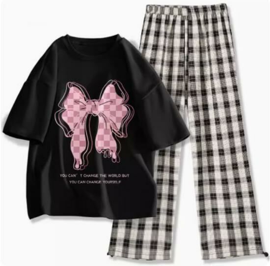 Hot selling short-sleeved T-shirt wide-leg pants suit [black (big bow) + black and white pants] [S-2XL size] (please contact customer service to confirm the delivery size after placing the order)