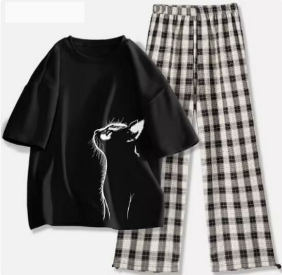 Hot selling short-sleeved T-shirt wide-leg pants suit [Black (gentle and sweet) + black and white pants] [S-2XL size] (please contact customer service to confirm the delivery size after placing the order)