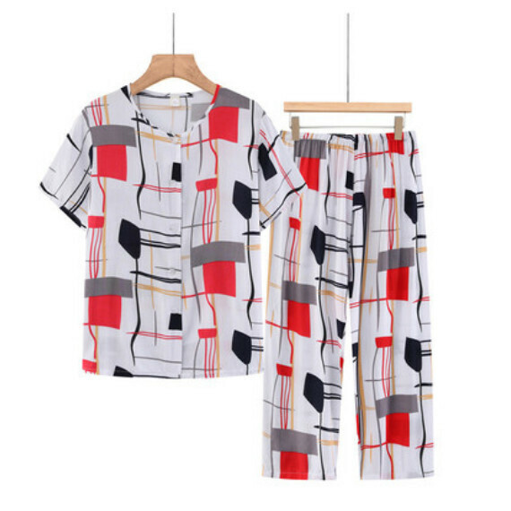 Summer middle-aged and elderly cotton cardigan set (white color-blocking) [Size: XL-5XL] [Contact customer service to confirm the shipping size after placing an order]