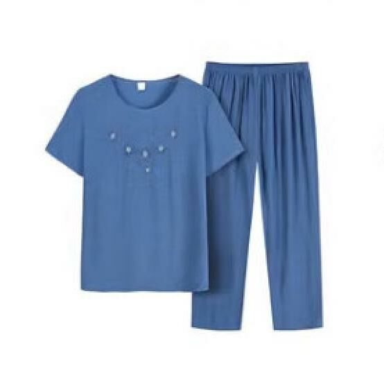 Summer Middle-aged and Elderly Cotton Silk Set (Blue) [Size: XL-4XL] [Contact Customer Service to Confirm Shipping Size after Placing an Order]