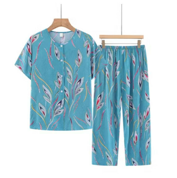 Summer middle-aged and elderly cotton cardigan set (light blue willow leaves) [Size: XL-5XL] [Contact customer service to confirm the shipping size after placing an order]