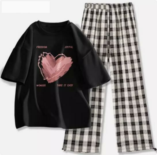 Hot selling short-sleeved T-shirt wide-leg pants suit [Black (Heartbeat) + Black and White Pants] [S-2XL Size] (please contact customer service to confirm the delivery size after placing the order)