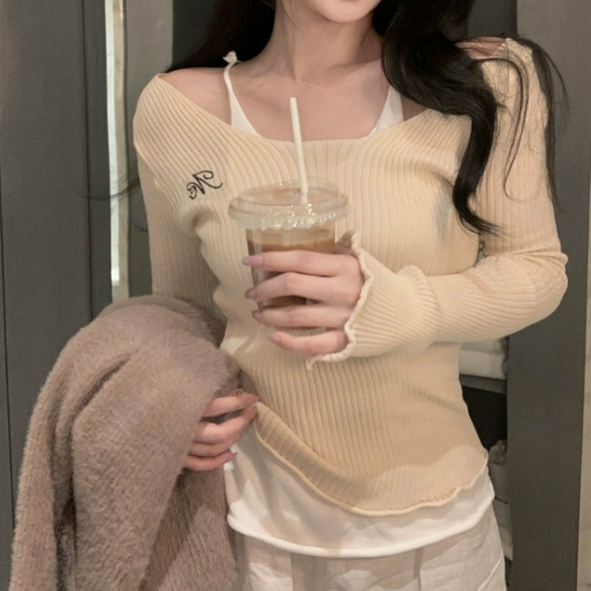 Hot Selling Fake Two Piece Knitted Sweater (One Size) (Oatmeal Color)
