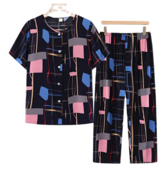 Summer middle-aged and elderly cotton cardigan set (black and pink color-blocking) [Size: XL-5XL] [Contact customer service to confirm the delivery size after placing an order]
