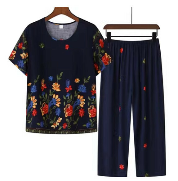 Summer middle-aged and elderly cotton silk casual suit (navy blue) [size: XL-5XL] [Contact customer service to confirm the shipping size after placing an order]