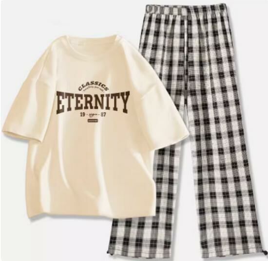 Hot selling short-sleeved T-shirt wide-leg pants suit [milk white (eternal love coffee) + black and white pants] [S-2XL size] (please contact customer service to confirm the delivery size after placing the order)