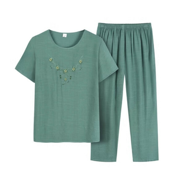 Summer Middle-aged and Elderly Cotton Silk Set (Green) [Size: XL-4XL] [Contact Customer Service to Confirm Shipping Size after Placing an Order]