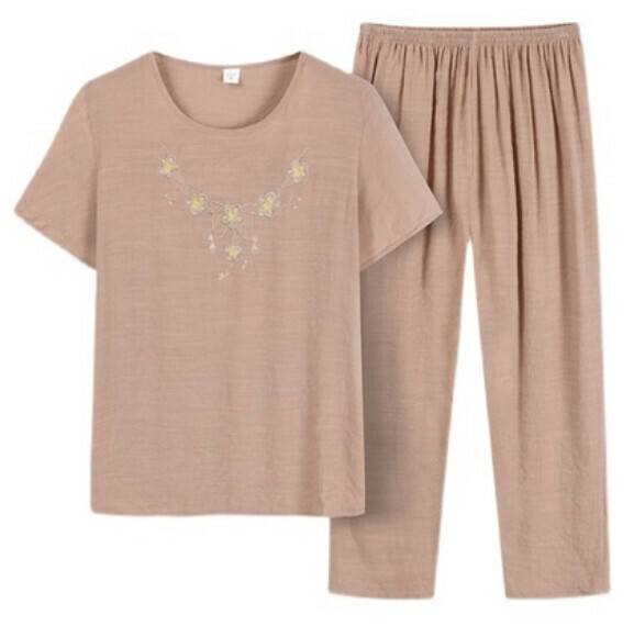 Summer middle-aged and elderly cotton silk suit (camel color) [Size: XL-4XL] [Contact customer service to confirm the shipping size after placing an order]