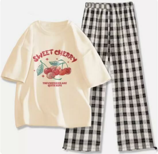 Hot selling short-sleeved T-shirt wide-leg pants suit [Milk White (Sweet Cherry) + Black and White Pants] [S-2XL] (please contact customer service to confirm the delivery size after placing the order)