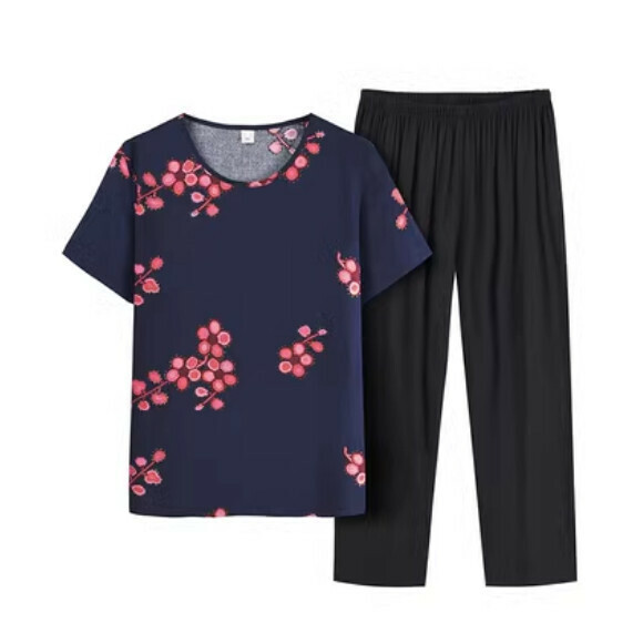 Summer two-piece set for middle-aged and elderly people (navy blue) [Size: XL-4XL] [Contact customer service to confirm the shipping size after placing an order]