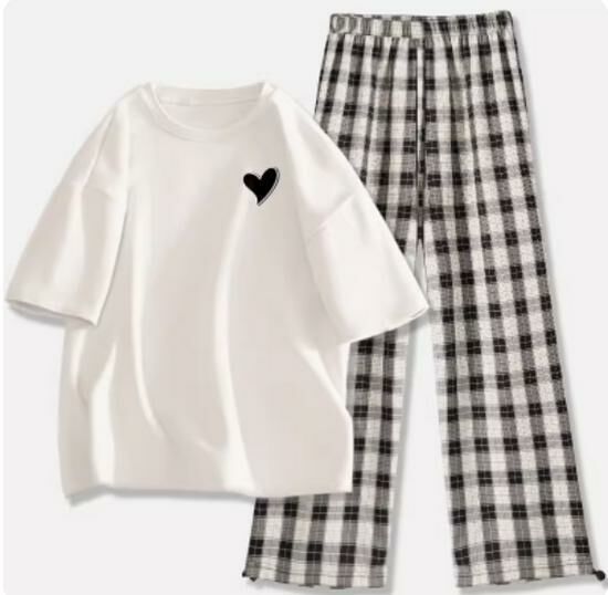 Hot selling short-sleeved T-shirt wide-leg pants suit [white (mysterious heart) + black and white pants] [S-2XL size] (please contact customer service to confirm the delivery size after placing the order)