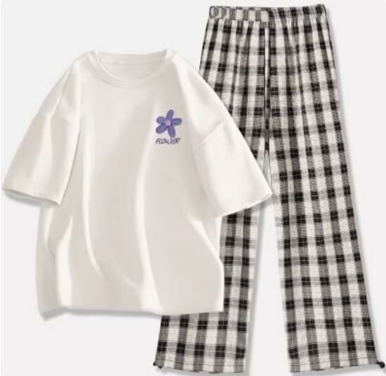 Hot selling short-sleeved T-shirt wide-leg pants suit [white (orchid chest logo) + black and white pants] [S-2XL size] (please contact customer service to confirm the delivery size after placing the order)