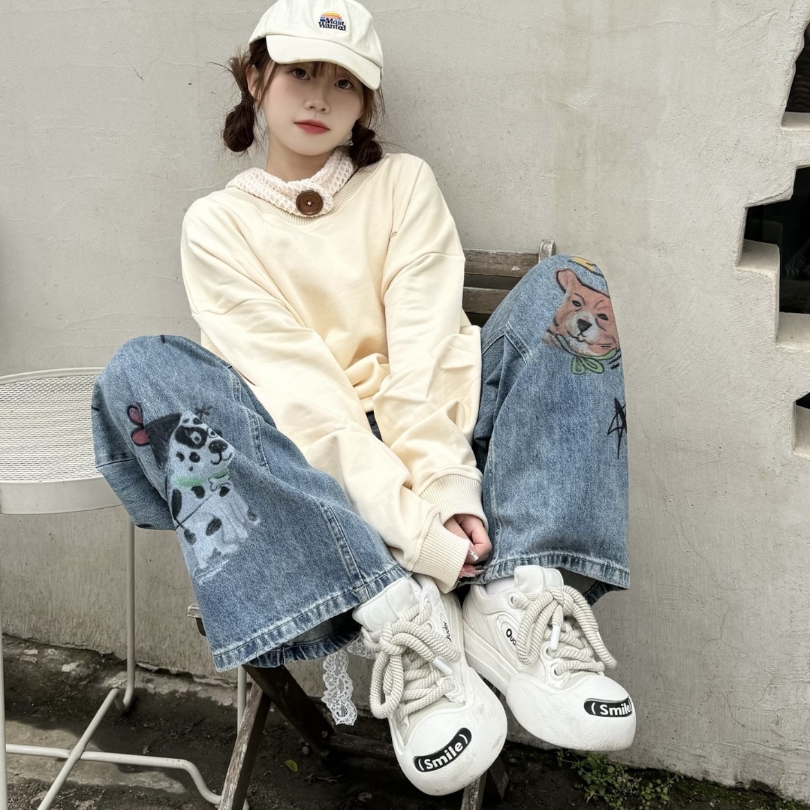 Ouder Smiler 開口笑 圓頭 厚底 低筒 帆布鞋 平民版 解構 全白