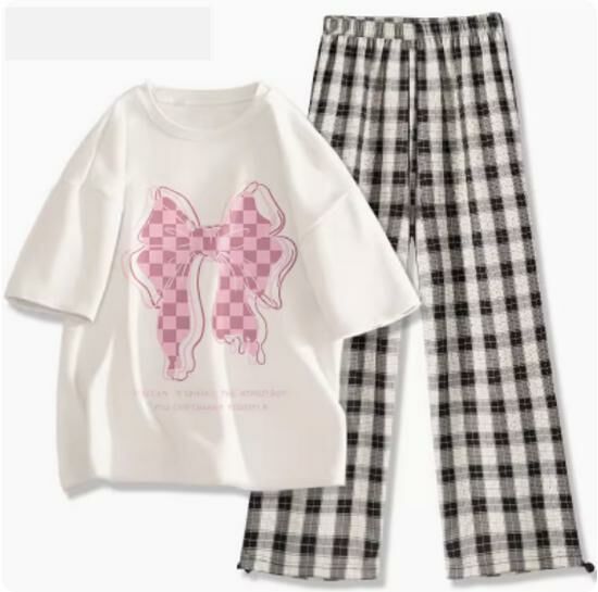 Hot selling short-sleeved T-shirt wide-leg pants suit [white (big bow) + black and white pants] [S-2XL size] (please contact customer service to confirm the delivery size after placing the order)