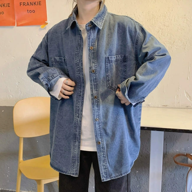 Hot selling loose long-sleeved denim shirt (M/L size) (blue) (contact customer service after placing the order to confirm the delivery size)