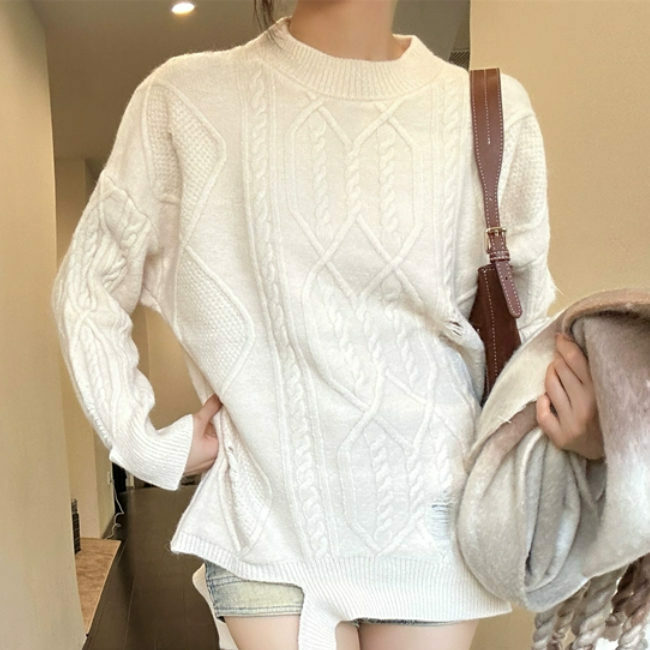 Hot selling ripped crew neck sweater (one size fits all) (off-white)