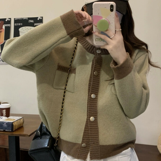 Hot Selling Color Blocked Loose Knitted Cardigan for Outerwear (One Size) (Green)