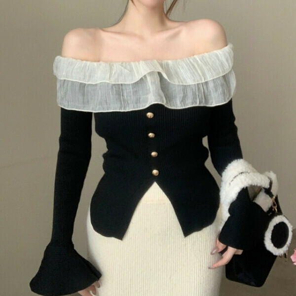 Hot Selling One Shoulder Long Sleeve Knitted (One Size) (Black)