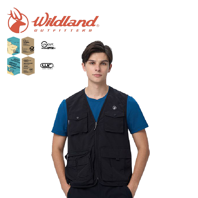 Wildland荒野 中性日系多口袋工裝背心 (印黑色) 抗UV/透氣/涼感/登山 10WW1712