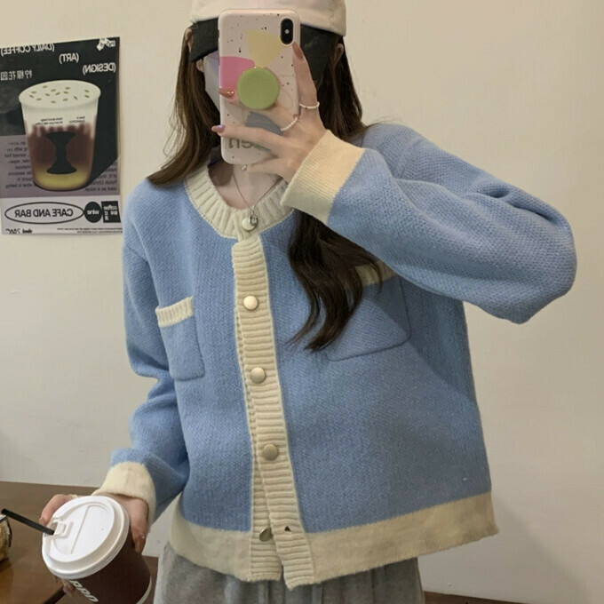 Hot Selling Color Blocked Loose Knitted Cardigan for Outerwear (One Size) (Blue)