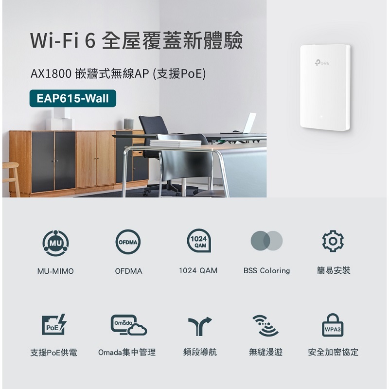 TP-LINK EAP615-Wall AX1800 嵌牆式 雙頻Wi-Fi6 Gigabit 無線AP 基地台