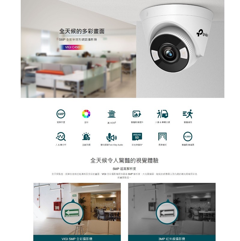 TP-LINK VIGI C450 4mm/2.8mm鏡頭 5MP全彩半球型監視器