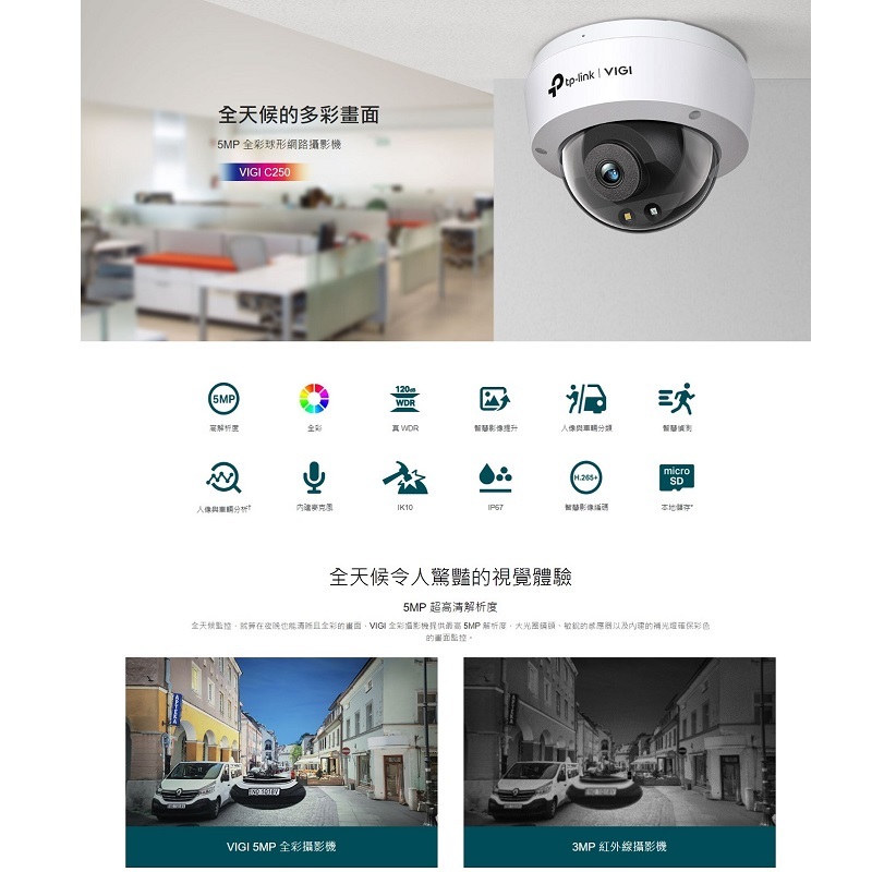 TP-LINK VIGI C250 4mm/2.8mm鏡頭 5MP全彩球型監視器