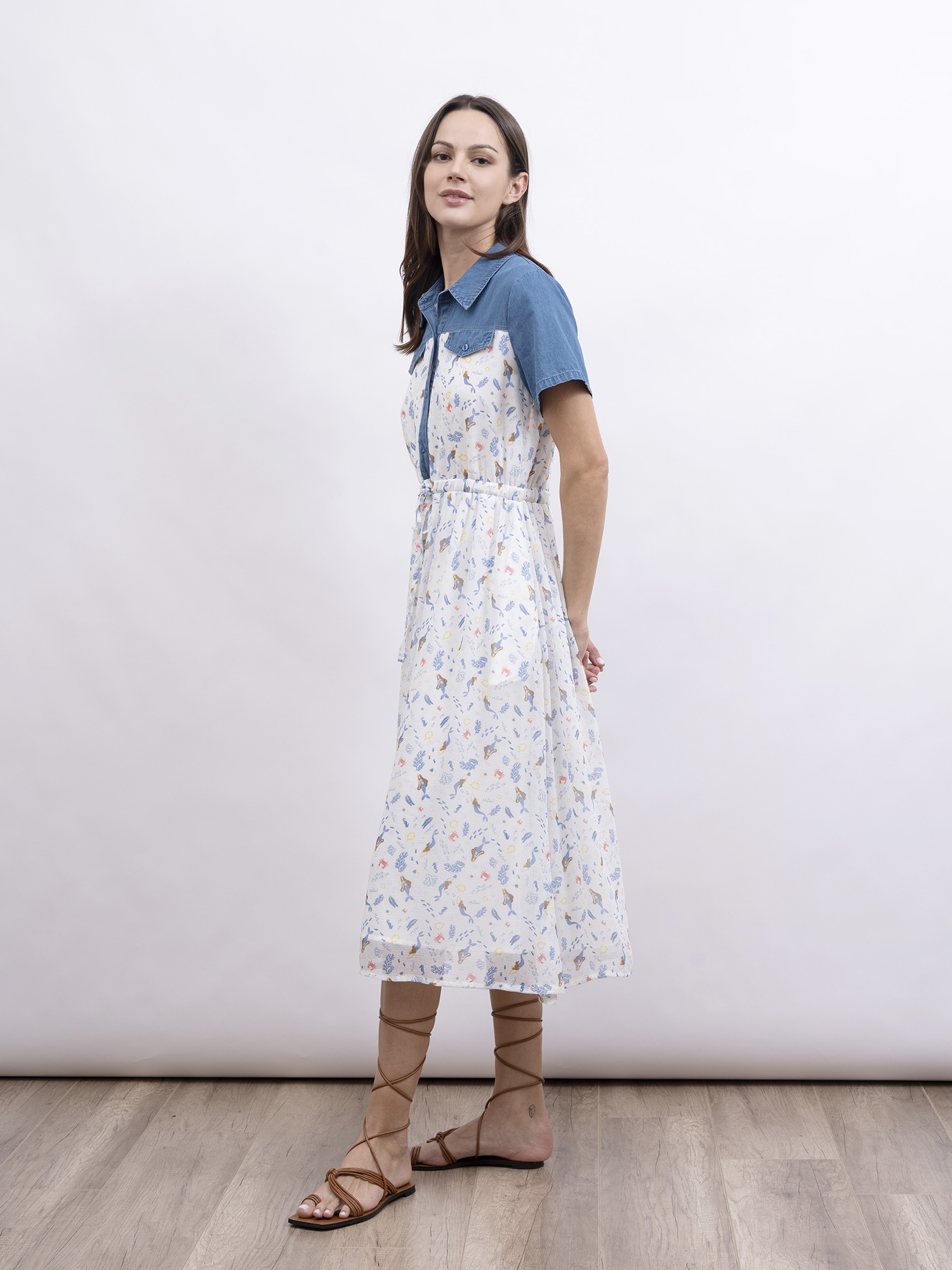 mi-tu 人魚印花拼接牛仔連身裙