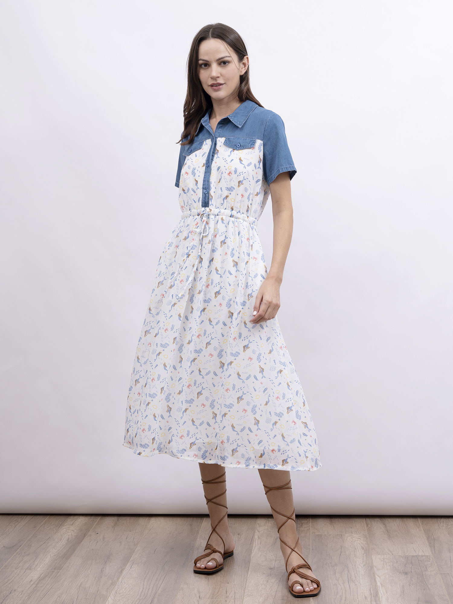 mi-tu 人魚印花拼接牛仔連身裙