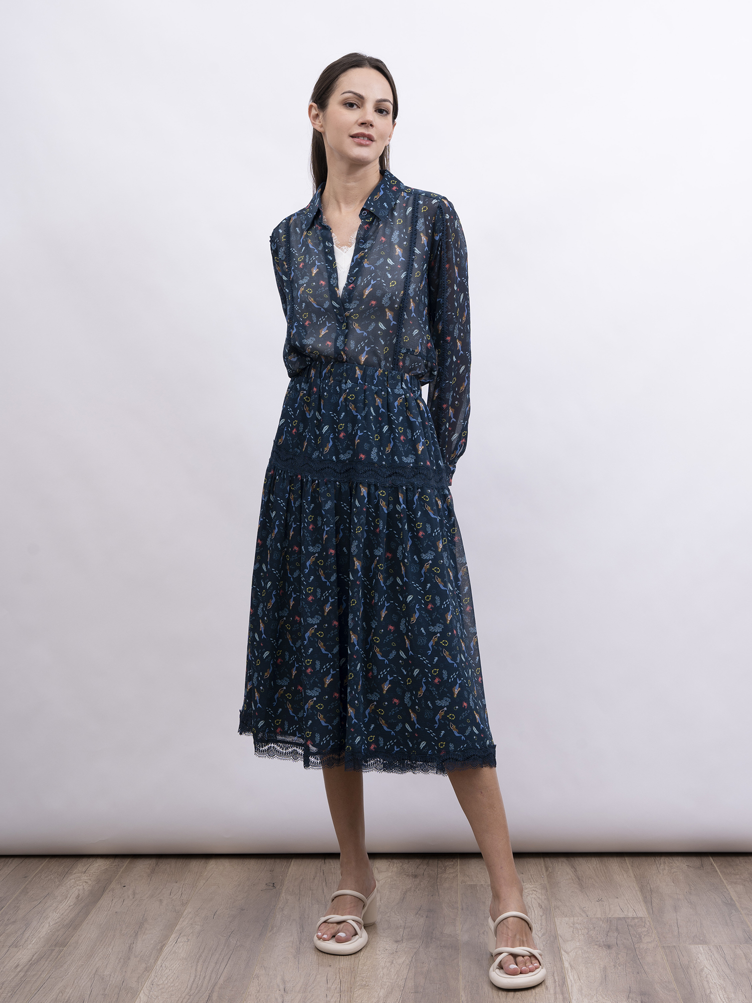 mi-tu 人魚印花蕾絲飾邊恤衫