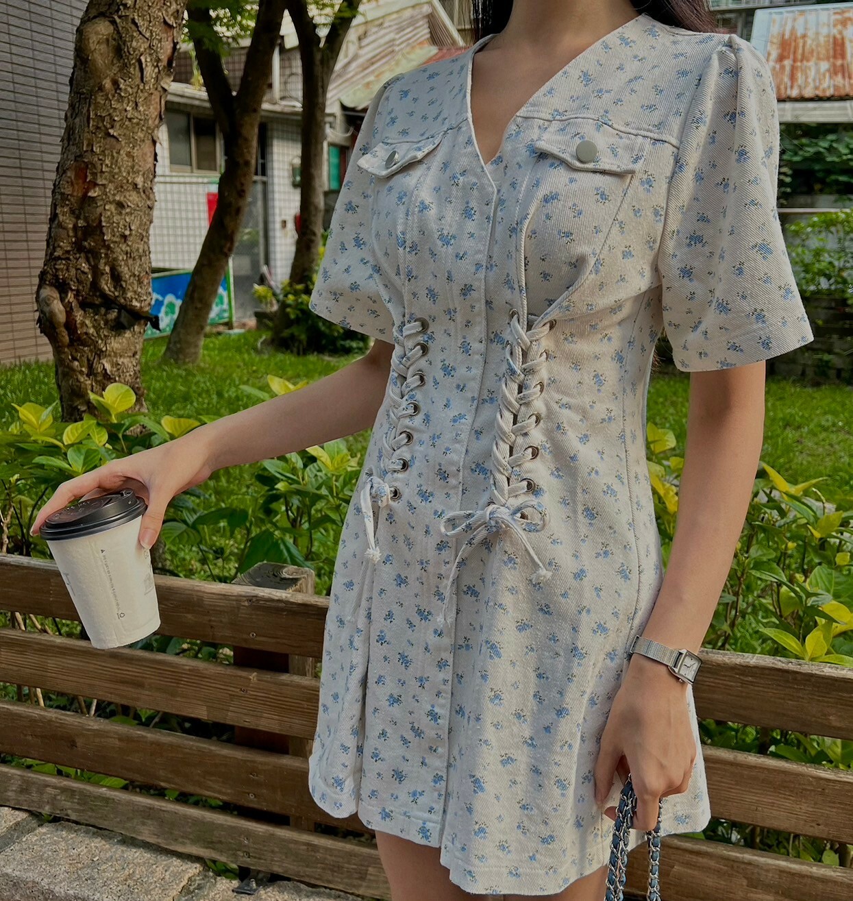 碎花抽繩馬甲洋裝/單一色