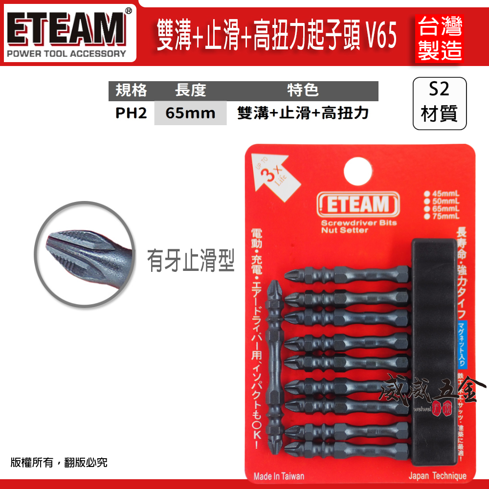 ETEAM 一等｜PH2 長65mm 雙溝+止滑+高扭力起子頭｜防打滑雙十字起子頭 雙十字頭｜V65｜台灣製