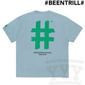 [S] BEENTRILL BEENTRILL GREEN TAPING HASHTAG OVERFIT SHORT SLEEVE T-SHIRT,LIGHT BLUE, BA242TS002-LB (SBT156)