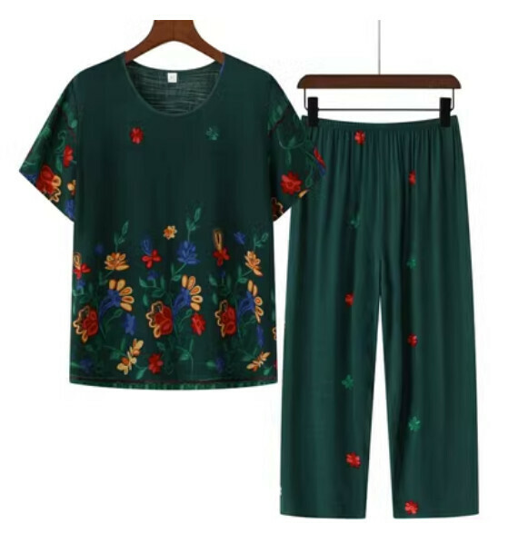 Summer Middle-aged and Elderly Cotton Silk Casual Set (Dark Green) [Size: XL-5XL] [Contact Customer Service to Confirm Shipping Size after Placing an Order]