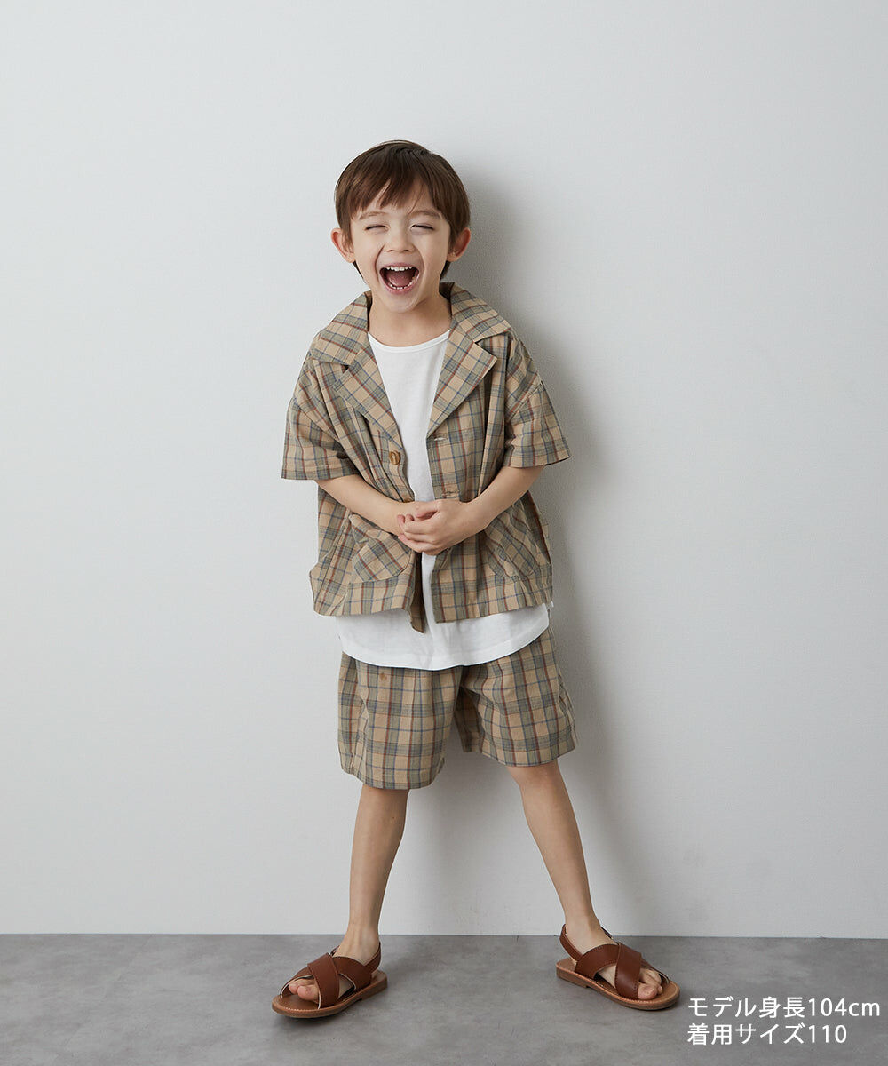 日本 riziere 男女孩 棉麻格紋襯衫套裝 (上衣+短褲) RZ23SSST25 (卡其色100尺寸)