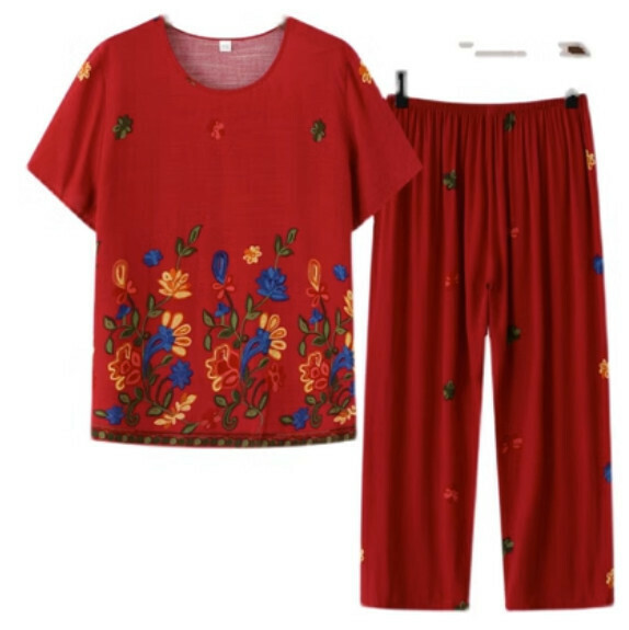 Summer middle-aged and elderly cotton silk casual suit (jujube red) [size: XL-5XL] [Contact customer service to confirm the shipping size after placing an order]