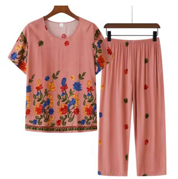 Summer Middle-aged and Elderly Cotton Silk Casual Set (Pink) [Size: XL-5XL] [Contact Customer Service to Confirm Shipping Size after Placing an Order]