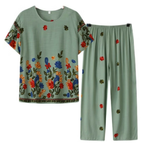 Summer middle-aged and elderly cotton silk casual suit (bean green) [Size: XL-5XL] [Contact customer service to confirm the shipping size after placing an order]