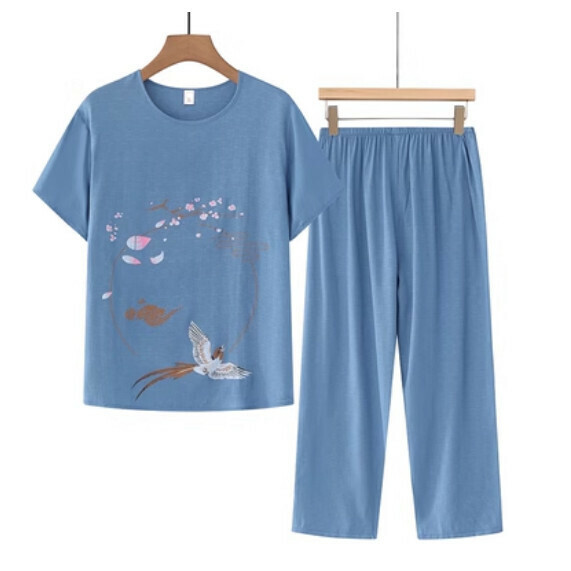 Summer middle-aged and elderly cotton and linen set (blue) [Size: XL-4XL] [Contact customer service to confirm the shipping size after placing an order]