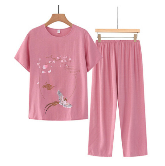 Summer middle-aged and elderly cotton and linen set (pink) [Size: XL-4XL] [Contact customer service to confirm the shipping size after placing an order]