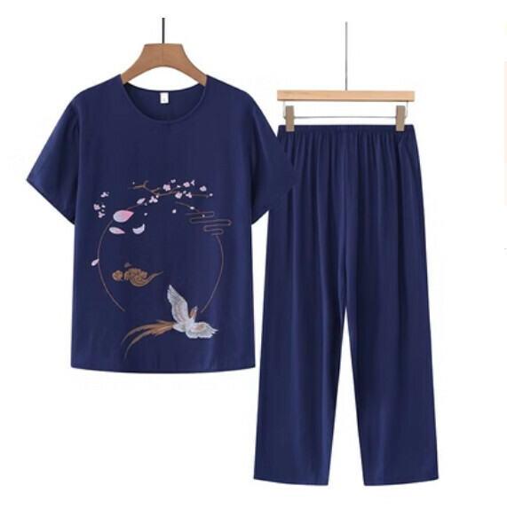 Summer middle-aged and elderly cotton and linen set (navy blue) [Size: XL-4XL] [Contact customer service to confirm the shipping size after placing an order]
