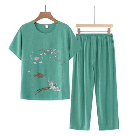 Summer middle-aged and elderly cotton and linen set (green) [Size: XL-4XL] [Contact customer service to confirm the shipping size after placing an order]