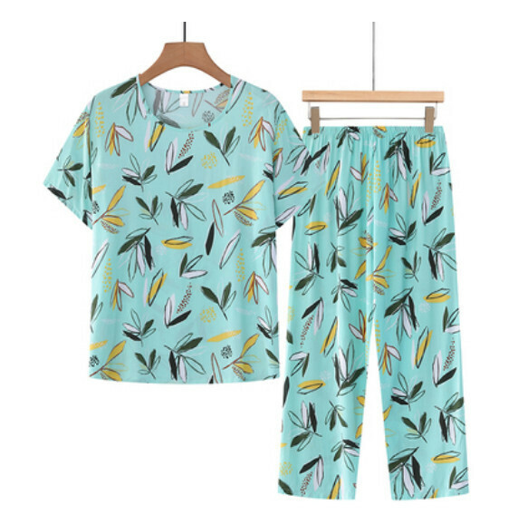 Summer middle-aged and elderly cotton and linen set (emerald green leaves) [size: XL-4XL] [Contact customer service to confirm the shipping size after placing an order]