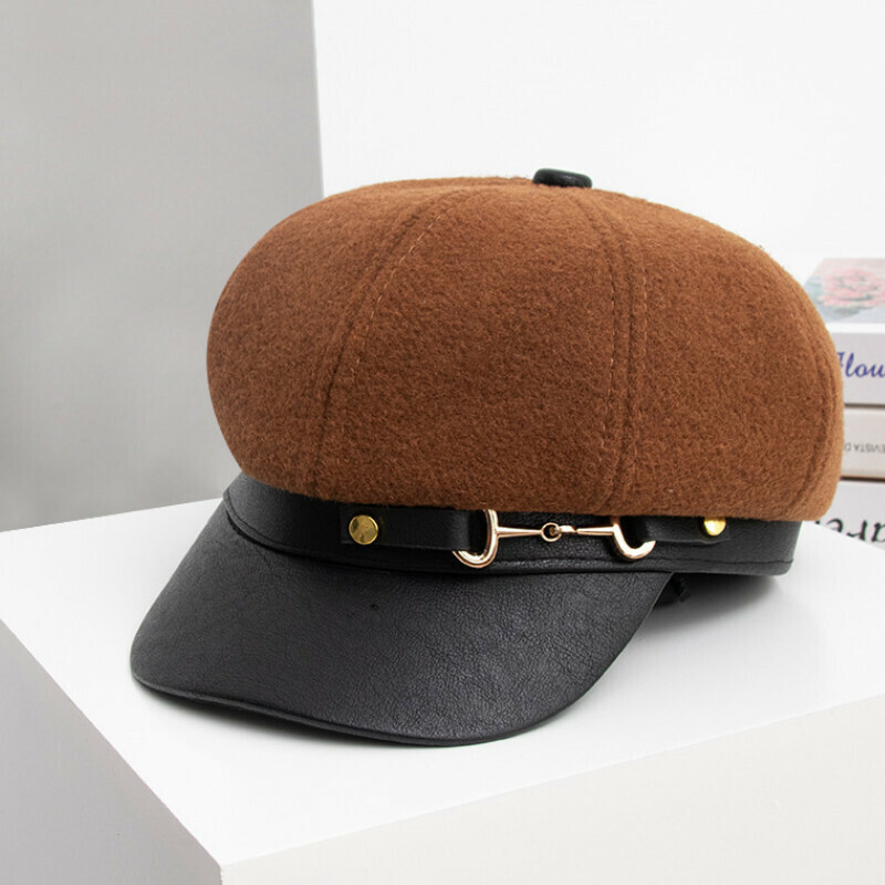 熱賣皮扣八角帽【E-278咖啡色皮扣八角帽】【均碼   頭圍53-58cm】