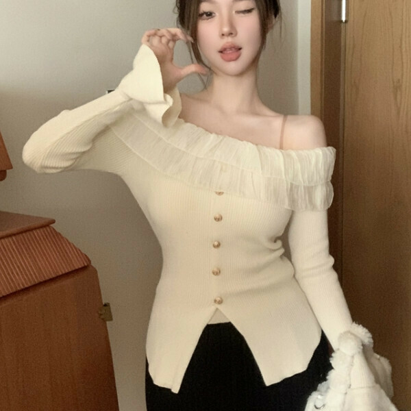 Hot Selling One Shoulder Long Sleeve Knitted (One Size) (Apricot)