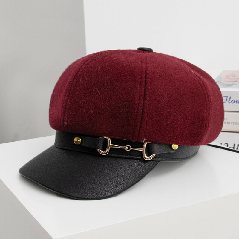 熱賣皮扣八角帽【E-278酒紅色皮扣八角帽】【均碼   頭圍53-58cm】