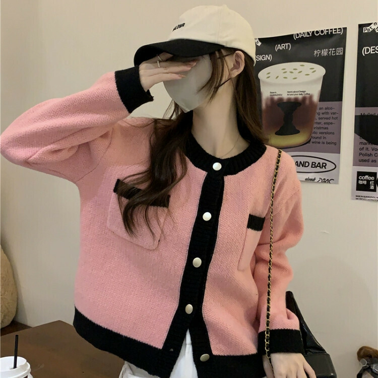 Hot Selling Color Blocked Loose Knitted Cardigan for Outerwear (One Size) (Pink)