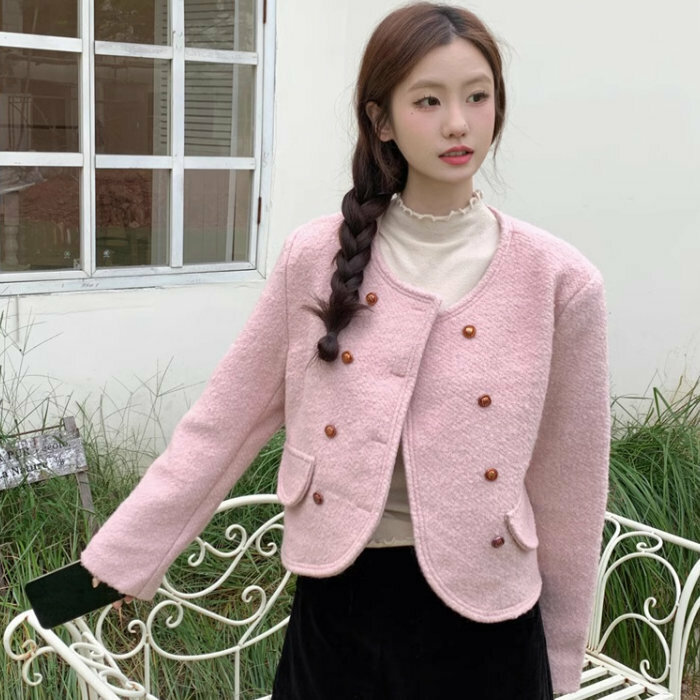 Hot selling double-breasted short jacket (S-XL sizes) (pink) (contact customer service after placing the order to confirm the delivery size)